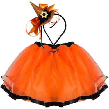 Imagem de Fantasia Infantil Saia Laranja Bruxa Bruxinha Criança Halloween Balé Vestido Roupa Menina (Laranja, Único Infantil (veste 3 a 14 anos))