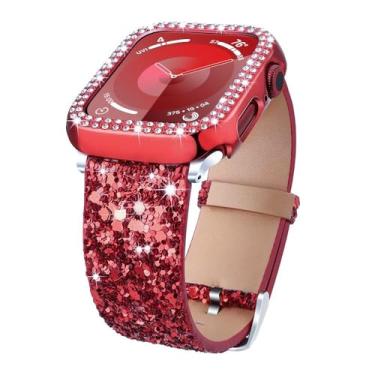 Imagem de Pulseiras brilhantes compatíveis com Apple Watch de 38 mm, 40 mm, 42 mm e 44 mm + capa, pulseira feminina de couro com glitter com diamantes brilhantes, capa protetora para Apple Watch séries 6, 5, 4,