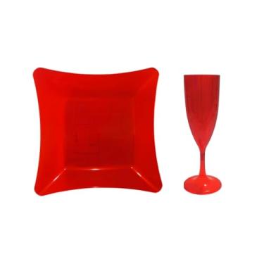 Imagem de Kit 10 Taças Champanhe 140 Ml + 10 Pratos Refeição Vermelho Tipo Acrílico Natal Festas