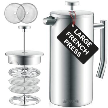Imagem de Belwares Cafeteira French Press 1,5 g - prensa de café isolada de aço inoxidável 304, design resistente ao calor de parede dupla com sistema de filtragem de 4 níveis, livre de ferrugem e lavável na