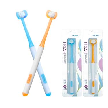 Imagem de Escova de dentes 3 lados autismo 360° design de limpeza de dentes orais em forma de U, 2 peças de cerdas macias para adultos, macias e suaves para cuidados completos dos dentes e gengivas (azul +