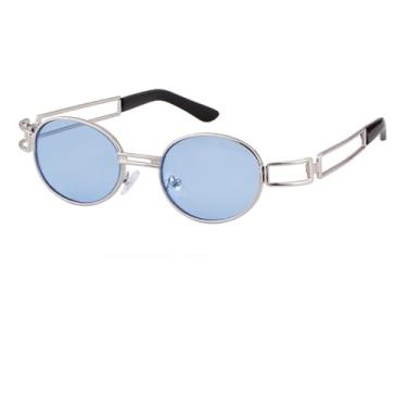 Imagem de JRLLFD Steampunk óculos de sol retro redondo metal masculino feminino vintage pequeno oval óculos de sol uv400, c3 azul, um tamanho