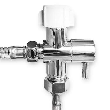 Imagem de GenieBidet Adaptador T híbrido de 3 vias de latão com parada de vazamento para bidê com ON/OFF. A porca manual resiste a roscas cruzadas. Roscas 3/4 X 3/4 X 1/2 ID/OD. Serve para todas as válvulas de