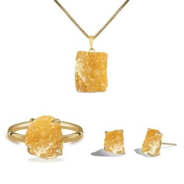 Imagem de Conjunto Natura Calcita Amarela - Cristal Natural, Banho Ouro 18k