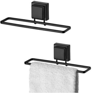 Imagem de Kit Banheiro 2 Suporte Porta Toalha Toalheiro 25cm Ventosa Preto Fosco