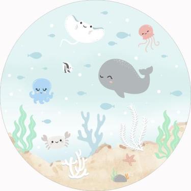 Imagem de Painel De Lona Redondo Fundo do Mar Peixes e Animais Marinhos Cute - F