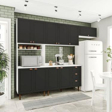 Imagem de Cozinha Pérola com Tampo 4 Peças Paneleiro/torre Quente Aéreo 3 Portas Balcão 120 e Basculante Yesca Branco/Preto