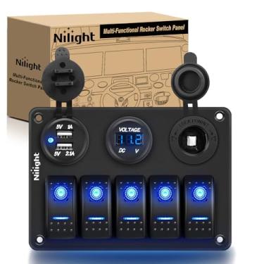 Imagem de Nilight – Painel de interruptor de alumínio pré-conectado 90118H 5 Gang Rocker com soquete duplo USB para acendedor de cigarro, voltímetro, painel de interruptor 12V-24V DC com adesivos de brilho noturno para carros Rvs caminhões