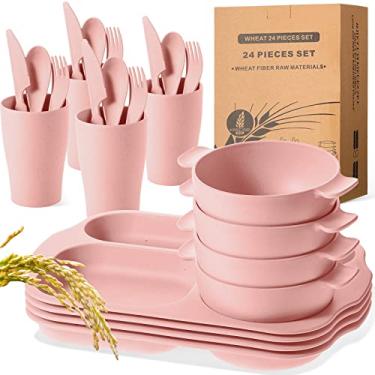 Imagem de Conjunto de 24 peças de talheres de palha de trigo para Aldult, incluindo pratos divididos, microondas, lava-louças, tigela inquebrável, talheres, talheres, colher, garfo (rosa)