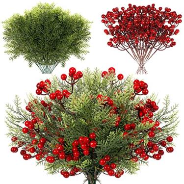 Imagem de 45 peças de ramos artificiais de cedro de Natal, raminhos artificiais, folhas de pinheiro sintéticas, palhetas de pinheiro vegetação para guirlanda de natal artesanato faça você mesmo, enfeites de natal decoração de jardim doméstico ()