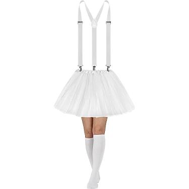 Imagem de Sintege 3 peças de fantasia de tutu feminina, saia tutu de tule de 5 camadas e alças elásticas ajustáveis nas costas meias listradas, Branco, Tamanho Único