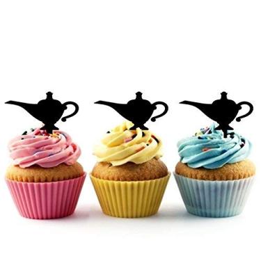 Imagem de Abajur de Aladdin's Lamp Arabian Genie Oil Lamp Silhouette Acrylic Cupcake Toppers 12 peças
