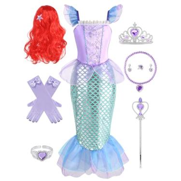 Imagem de RELARLiYA Fantasia de pequena sereia para meninas, cosplay Ariel, vestido de princesa, festa de aniversário, dia das bruxas, roupas de Natal 9-10 anos