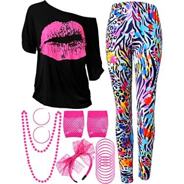 Imagem de Conjunto de fantasia feminina anos 80, camiseta, calça legging geométrica, brinco, colar, luvas, pulseira, Elegante, X-Large