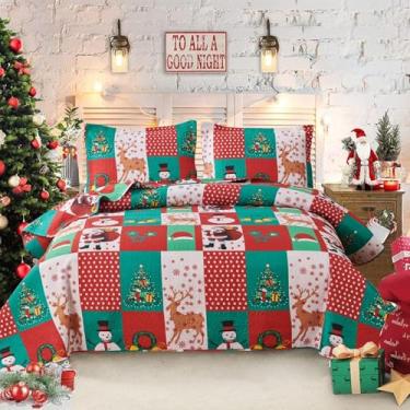 Imagem de Conjunto de colcha de Natal casal/queen size de boneco de neve de Natal, colcha rústica, xadrez, patchwork, cabana, decoração de casa, colcha de Natal, leve, reversível, com 2 fronhas