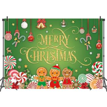 Imagem de LTDKAEN Gingerbread Merry Christmas Pano de fundo verde para fotografia de Natal com faixa de bengala doce de gengibre para fotos de Natal (20 x 1,5 m)
