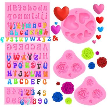 Imagem de QEEYON 6 peças de moldes de letras de silicone moldes de alfabeto 0-9 moldes de números mini rosa em forma de coração chocolate fondant bolos doces moldes de goma moldes valentime moldes de silicone