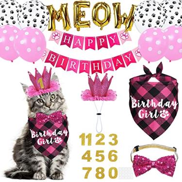 Imagem de JOTFA Pacote de festa de aniversário para gatos – roupas, bandana, chapéu, coroa, gravata borboleta, faixa numérica, balões miau e gato para o dia especial do gatinho