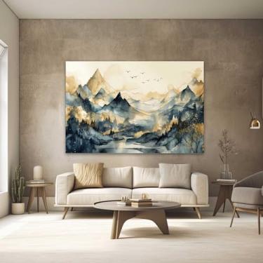 Imagem de Quadros Decorativos para Quarto Sala 90x60 Paisagem Abstrato Montanhas Azul Bege Grande Escritório Hall