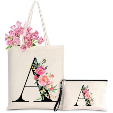 Imagem de Sacola de lona inicial para mulheres, sacolas personalizadas com monograma com bolsa de presente de maquiagem para casamento, damas de honra, aniversário, Letra A, One Size