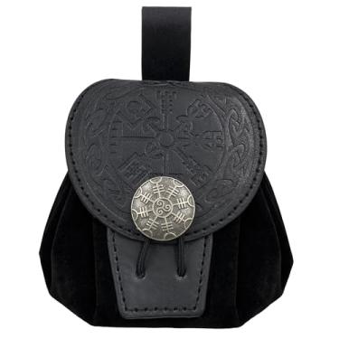 Imagem de HiiFeuer Bolsa de cinto de couro falso com relevo medieval, bolsa de cinto portátil renascentista retrô Bolsa de dados para LARP Ren Faire (Preto A)