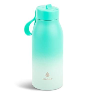 Imagem de Manna Garrafa Bonnie Modern Flip de aço inoxidável com tampa de canudo e alça de transporte - 340 g - verde-azulado/verde verde
