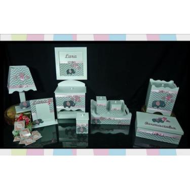 Imagem de Kit Higiene bebê Mdf 10 peças -  CHEVRON CINZA COM ELEFANTE ROSA - Flo