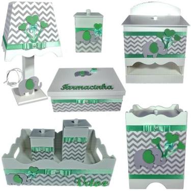 Imagem de Kit Higiene bebê Mdf menina 8 pçs - CHEVRON CINZA DE ELEFANTE VERDE - 
