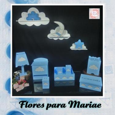 Imagem de Kit Higiene Bebe Mdf Nuvem Azul + 3 Nichos Nuvem Brancos - Flores para