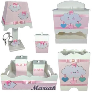Imagem de Kit Higiene bebê Mdf menina 7 pçs - CHUVA DE AMOR ROSA BB - Flores par