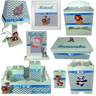 Imagem de Kit Higiene bebê Mdf 10 peças - SAFARI CHEVRON CINZA AZUL - Flores par