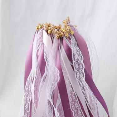 Imagem de 50 sinos de lembrancinha de casamento, varinhas de desejos de fadas de renda, fitas de festa, para festas, feriados de aniversário e celebrações de festivais (roxo com renda)