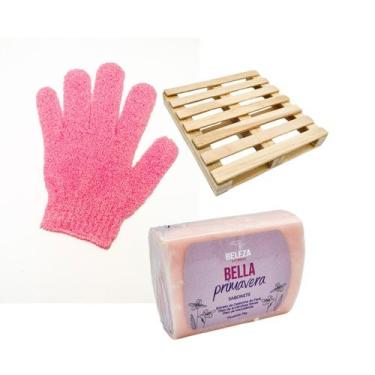 Imagem de Kit banho luva esfoliante, sabonete em barra e saboneteira - beleza ex
