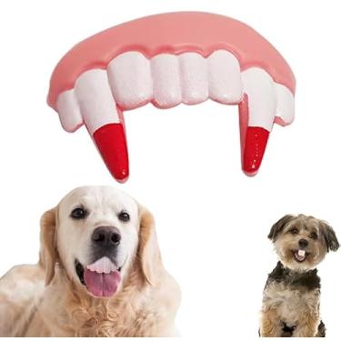 Imagem de Dentes de vampiro brancos, dentes falsos para cães, suportes de dentes de silicone engraçados, brinquedos criativos para mastigar cães com dentes falsos, fácil de aplicar, brinquedos interativos,