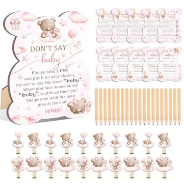Imagem de Conjunto de 61 peças para chá de bebê, conselhos de previsões incluídos, mamãe ou papai, suprimentos de revelação de gênero, 1 placa de bebê Don't Say 20 lápis 20 prendedores de roupa, decorações de