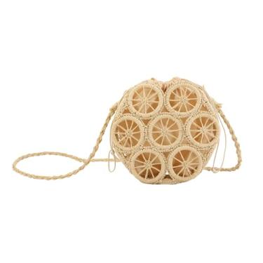 Imagem de UIBRN Bolsas de palha redondas transversais para mulheres, bolsa de ombro tecida à mão de limão vazada com cordão, bolsas de praia modernas, Bege marfim, Small