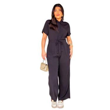 Imagem de Macacão Plus Size Longo Liso Feminino Elástico na Cintura Colarinho e 
