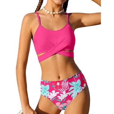 Imagem de Dearnow Conjunto de biquíni de duas peças para meninas, traje de banho cruzado com ench...