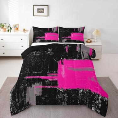 Imagem de Feelyou Conjunto de edredom geométrico preto rosa choque tamanho Queen para meninos e meninas, crianças, decoração de quarto, arte moderna, conjunto de edredom 3 peças