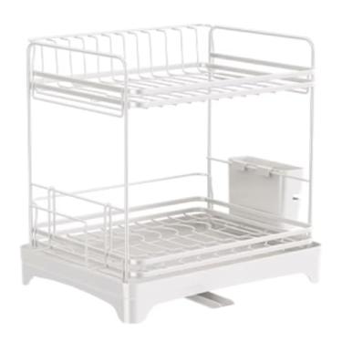 Imagem de Escorredor de pratos de aço carbono, suporte de utensílios, 2 camadas, coadores de pratos, escorredor de pratos com bandeja de drenagem para balcão de mesa