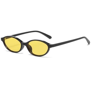Imagem de NULOOQ Óculos de sol retrô oval olho de gato para mulheres Y2k moderno pequeno estreito Sunnies anos 90 designer óculos de sol, Armação preta C8*/ Lente amarela oceano, Small
