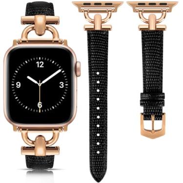 Imagem de Pulseira de couro feminina compatível com Apple Watch séries 11/10/9/8/7/6/5/4/3/2/1/se (38 mm, 40 mm, 41 mm, 42 mm, lagarto, preto/ouro rosa)