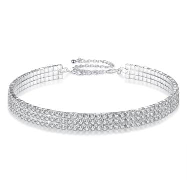 Imagem de Mingkeda 4 fileiras de gargantilha de strass prata brilhante diamante gargantilha pulseira de cristal colar de strass para mulheres, casamento, dama de honra, Zinco, Strass
