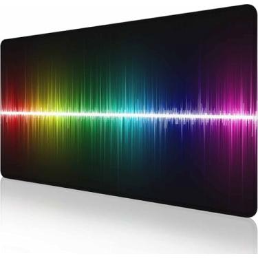 Imagem de Mouse pad grande estendido para jogos com bordas costuradas, base de borracha antiderrapante para escritório, computador, teclado, laptop e mesa de casa, 90 x 40 cm, onda de áudio arco-íris