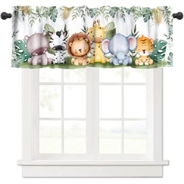 Imagem de Cortina de decoração de animais de safári da selva, crianças, desenho animado, leão, girafa, elefante, floresta, folha tropical, verde, tratamento de janela, cortinas para meninos, sala de estar