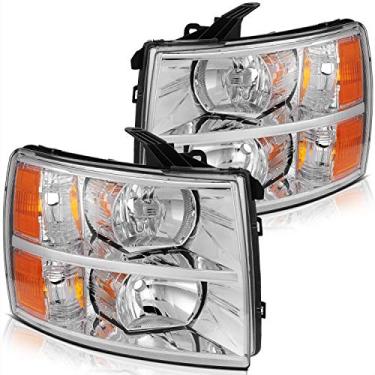 Imagem de LBRST Conjunto de farol adequado para Chevy Silverado 1500 2007-2013 para Chevy Silverado 2500 2007-2009 alojamento cromado âmbar refletor lente transparente par lado 22853027 25962805