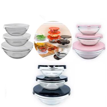 Imagem de Kit 9 Peças - Potes Vasilhas Vidro Tampa 3 Cores Fitnnes