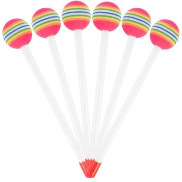 Imagem de 6 baquetas de pirulito arco-íris, tambor de pirulito macio, martelo de percussão de cabeça de espuma macia, baquetas redondas de feltro para bateria de plástico para crianças e adultos, acessórios de