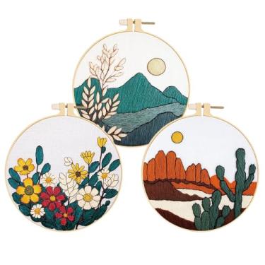 Imagem de Huacan Kits de bordado para adultos, iniciantes, 3 peças de flores estampadas, padrão de paisagem, kit de costura faça você mesmo, ponto cruz 19 x 19 cm