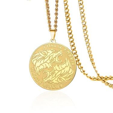 Imagem de VASSAGO Colar de lobo viking masculino de aço inoxidável nórdico viking runas com pingente de cabeça de lobo joia de amuleto, Adjustable, Aço inoxidável, Sem Pedra Preciosa